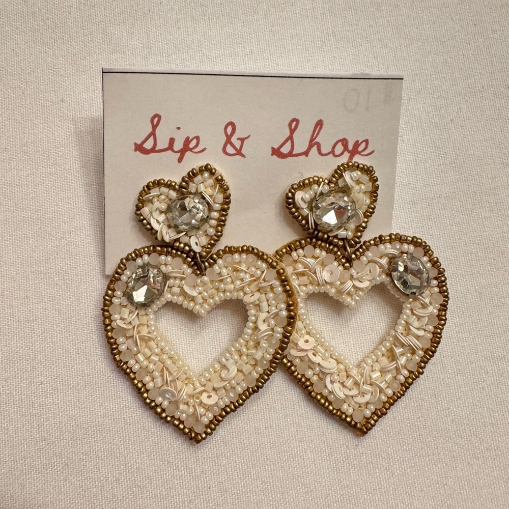 White Beaded Heart Drop Earrings
